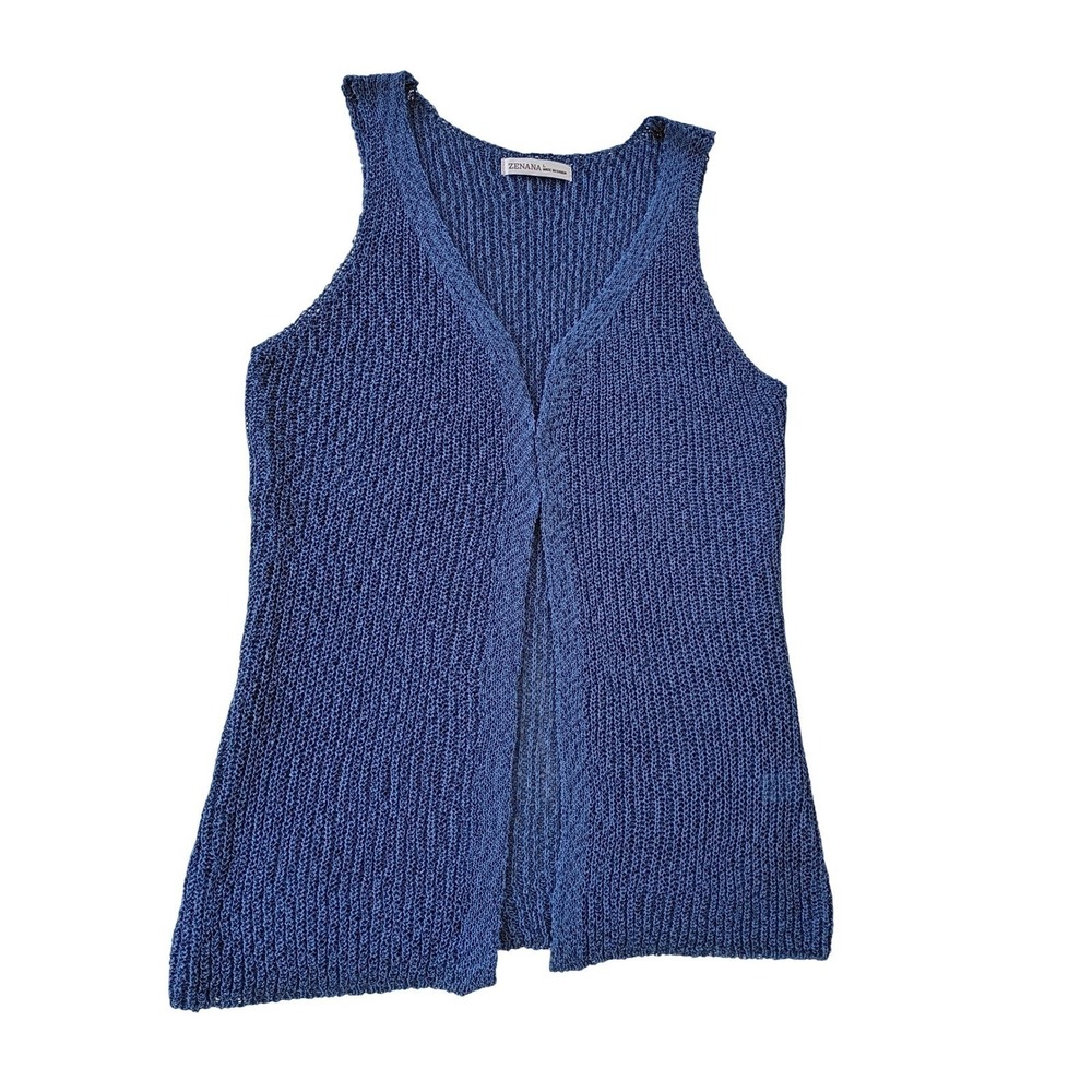 NWT Zenana Boho Blue Open Knit Crochet Sleeveless V-Neck Vest M Festive - Picture 4 of 7